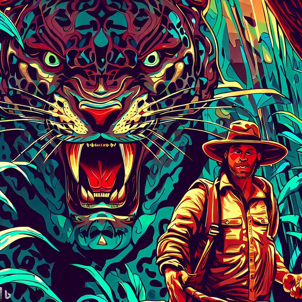 El arqueólogo frente a un jaguar amenazante en la selva. Estilo Intenso y peligroso, con colores vivos y líneas afiladas.